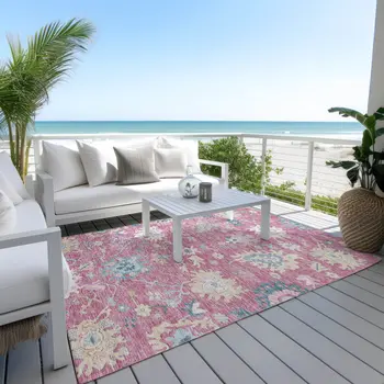 9' X 12' Pink Ivory And Denim Blue Floral Washable Indoor Outdoor Area Rug