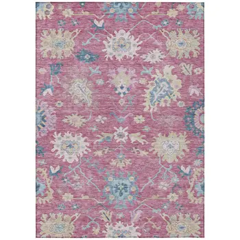 9' X 12' Pink Ivory And Denim Blue Floral Washable Indoor Outdoor Area Rug