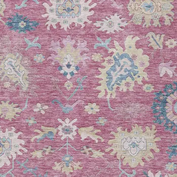 9' X 12' Pink Ivory And Denim Blue Floral Washable Indoor Outdoor Area Rug