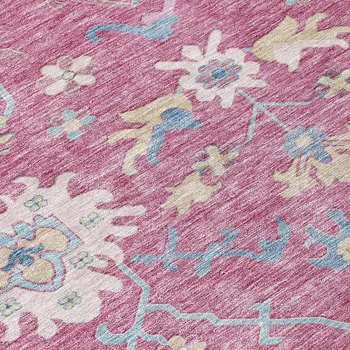 9' X 12' Pink Ivory And Denim Blue Floral Washable Indoor Outdoor Area Rug