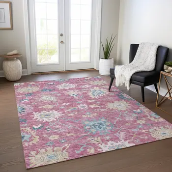 9' X 12' Pink Ivory And Denim Blue Floral Washable Indoor Outdoor Area Rug
