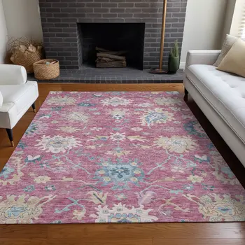 10' X 14' Pink Ivory And Denim Blue Floral Washable Indoor Outdoor Area Rug