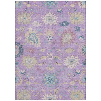 3' X 5' Purple Ivory And Denim Blue Floral Washable Indoor Outdoor Area Rug