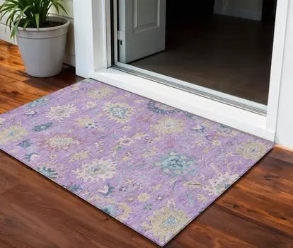 3' X 5' Purple Ivory And Denim Blue Floral Washable Indoor Outdoor Area Rug