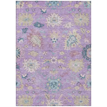 3' X 5' Purple Ivory And Denim Blue Floral Washable Indoor Outdoor Area Rug