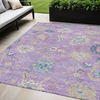 5' X 8' Purple Ivory And Denim Blue Floral Washable Indoor Outdoor Area Rug