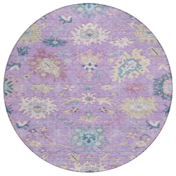 8' Purple Ivory And Denim Blue Round Floral Washable Indoor Outdoor Area Rug