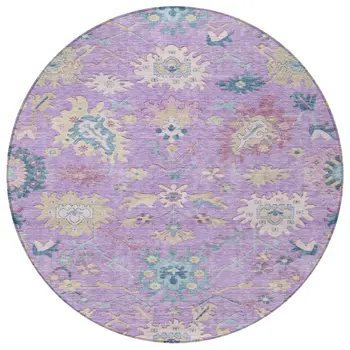 8' Purple Ivory And Denim Blue Round Floral Washable Indoor Outdoor Area Rug