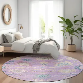 8' Purple Ivory And Denim Blue Round Floral Washable Indoor Outdoor Area Rug