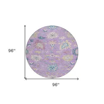 8' Purple Ivory And Denim Blue Round Floral Washable Indoor Outdoor Area Rug