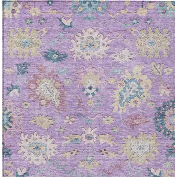 10' X 14' Purple Ivory And Denim Blue Floral Washable Indoor Outdoor Area Rug