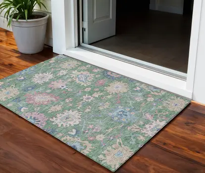 3' X 5' Sage Ivory And Pink Floral Washable Indoor Outdoor Area Rug
