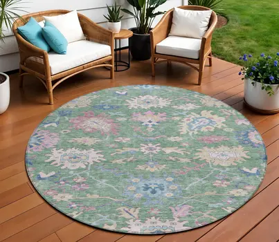 8' Sage Ivory And Pink Round Floral Washable Indoor Outdoor Area Rug