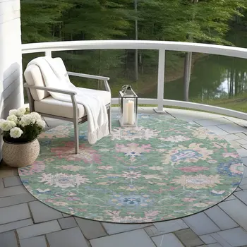 8' Sage Ivory And Pink Round Floral Washable Indoor Outdoor Area Rug