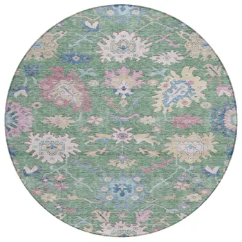 8' Sage Ivory And Pink Round Floral Washable Indoor Outdoor Area Rug