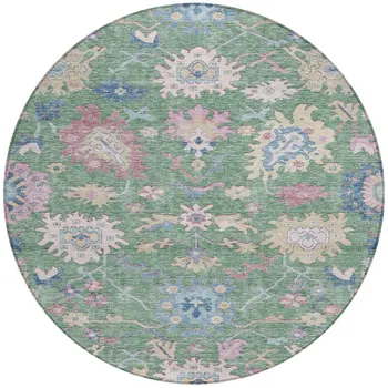 8' Sage Ivory And Pink Round Floral Washable Indoor Outdoor Area Rug
