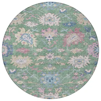 8' Sage Ivory And Pink Round Floral Washable Indoor Outdoor Area Rug