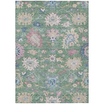 8' X 10' Sage Ivory And Pink Floral Washable Indoor Outdoor Area Rug