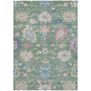 9' X 12' Sage Ivory And Pink Floral Washable Indoor Outdoor Area Rug