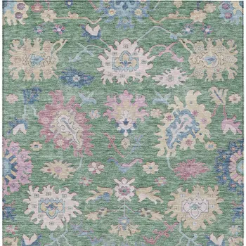 9' X 12' Sage Ivory And Pink Floral Washable Indoor Outdoor Area Rug