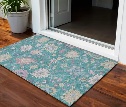 3' X 5' Teal Blue Pink And Ivory Floral Washable Indoor Outdoor Area Rug