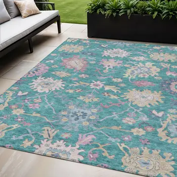 5' X 8' Teal Blue Pink And Ivory Floral Washable Indoor Outdoor Area Rug