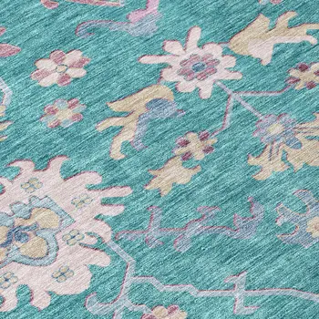 5' X 8' Teal Blue Pink And Ivory Floral Washable Indoor Outdoor Area Rug