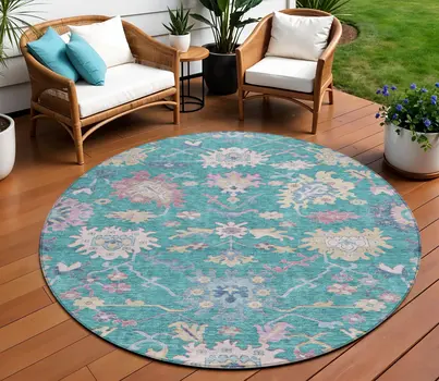 8' Teal Blue Pink And Ivory Round Floral Washable Indoor Outdoor Area Rug
