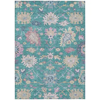 9' X 12' Teal Blue Pink And Ivory Floral Washable Indoor Outdoor Area Rug