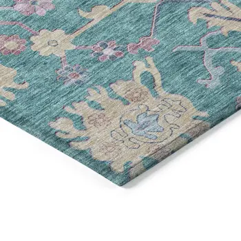 9' X 12' Teal Blue Pink And Ivory Floral Washable Indoor Outdoor Area Rug