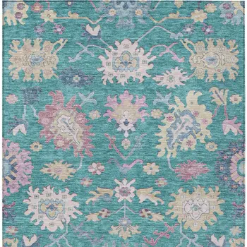 10' X 14' Teal Blue Pink And Ivory Floral Washable Indoor Outdoor Area Rug