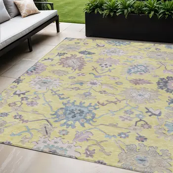 5' X 8' Yellow Lavender And Denim Blue Floral Washable Indoor Outdoor Area Rug