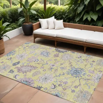 8' X 10' Yellow Lavender And Denim Blue Floral Washable Indoor Outdoor Area Rug