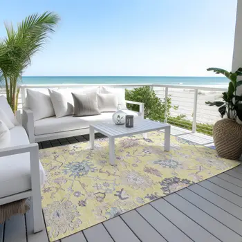9' X 12' Yellow Lavender And Denim Blue Floral Washable Indoor Outdoor Area Rug