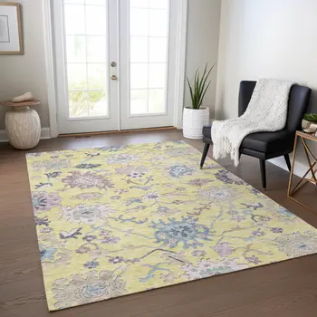 9' X 12' Yellow Lavender And Denim Blue Floral Washable Indoor Outdoor Area Rug