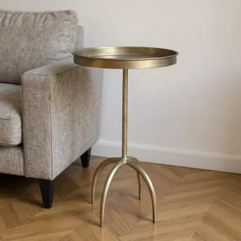23" Brass Distressed Iron Round Pedestal Tray Top End Table