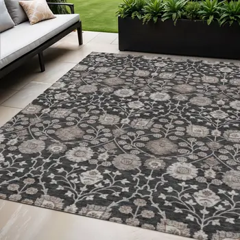 5' X 8' Black Brown And Beige Floral Washable Indoor Outdoor Area Rug
