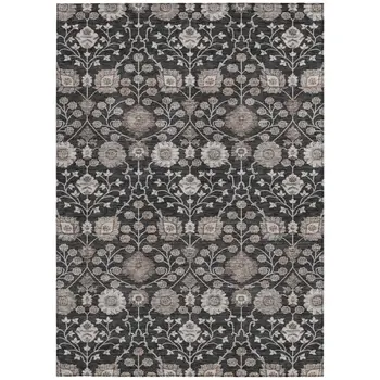 5' X 8' Black Brown And Beige Floral Washable Indoor Outdoor Area Rug