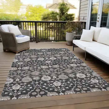 5' X 8' Black Brown And Beige Floral Washable Indoor Outdoor Area Rug