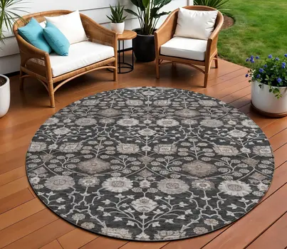 8' Black Brown And Beige Round Floral Washable Indoor Outdoor Area Rug