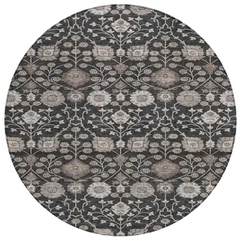 8' Black Brown And Beige Round Floral Washable Indoor Outdoor Area Rug