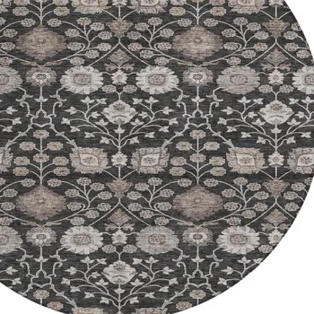 8' Black Brown And Beige Round Floral Washable Indoor Outdoor Area Rug