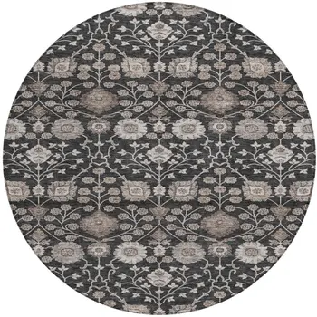 8' Black Brown And Beige Round Floral Washable Indoor Outdoor Area Rug