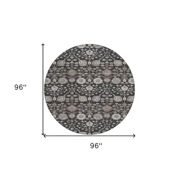 8' Black Brown And Beige Round Floral Washable Indoor Outdoor Area Rug
