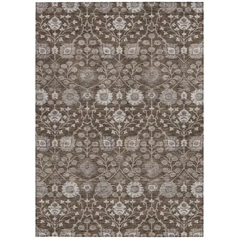 3' X 5' Chocolate Beige And Gray Floral Washable Indoor Outdoor Area Rug