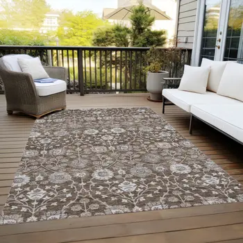 3' X 5' Chocolate Beige And Gray Floral Washable Indoor Outdoor Area Rug