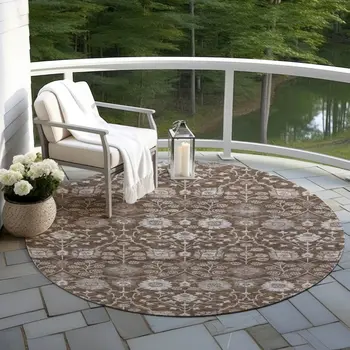 8' Chocolate Beige And Gray Round Floral Washable Indoor Outdoor Area Rug