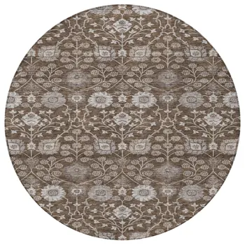 8' Chocolate Beige And Gray Round Floral Washable Indoor Outdoor Area Rug