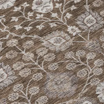 8' Chocolate Beige And Gray Round Floral Washable Indoor Outdoor Area Rug