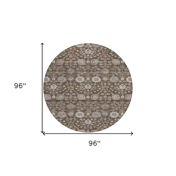 8' Chocolate Beige And Gray Round Floral Washable Indoor Outdoor Area Rug